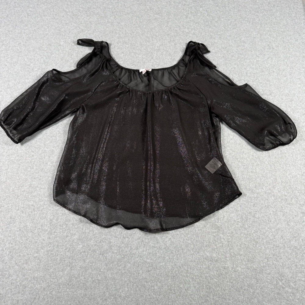 Vintage Y2K Bongo XL Black Shimmer Glitter Cold Shoulder Tie Blouse Sheer Top